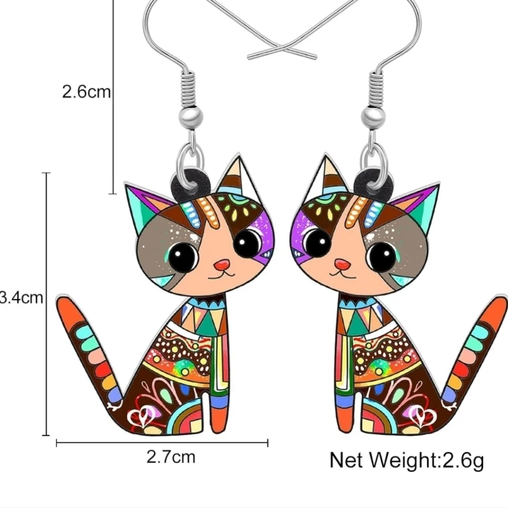 Women's jewelry unique multi-colored designed cat dangle earrings!